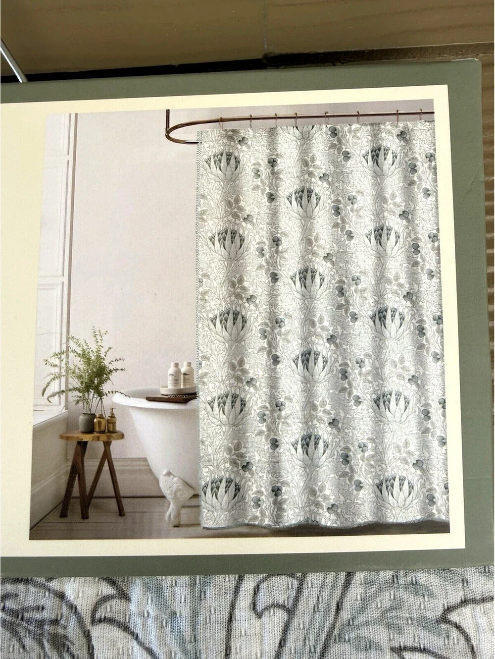 Morris & Co Artichoke Floral Teal Gray Cotton Matelasse Fabric Shower Curtain